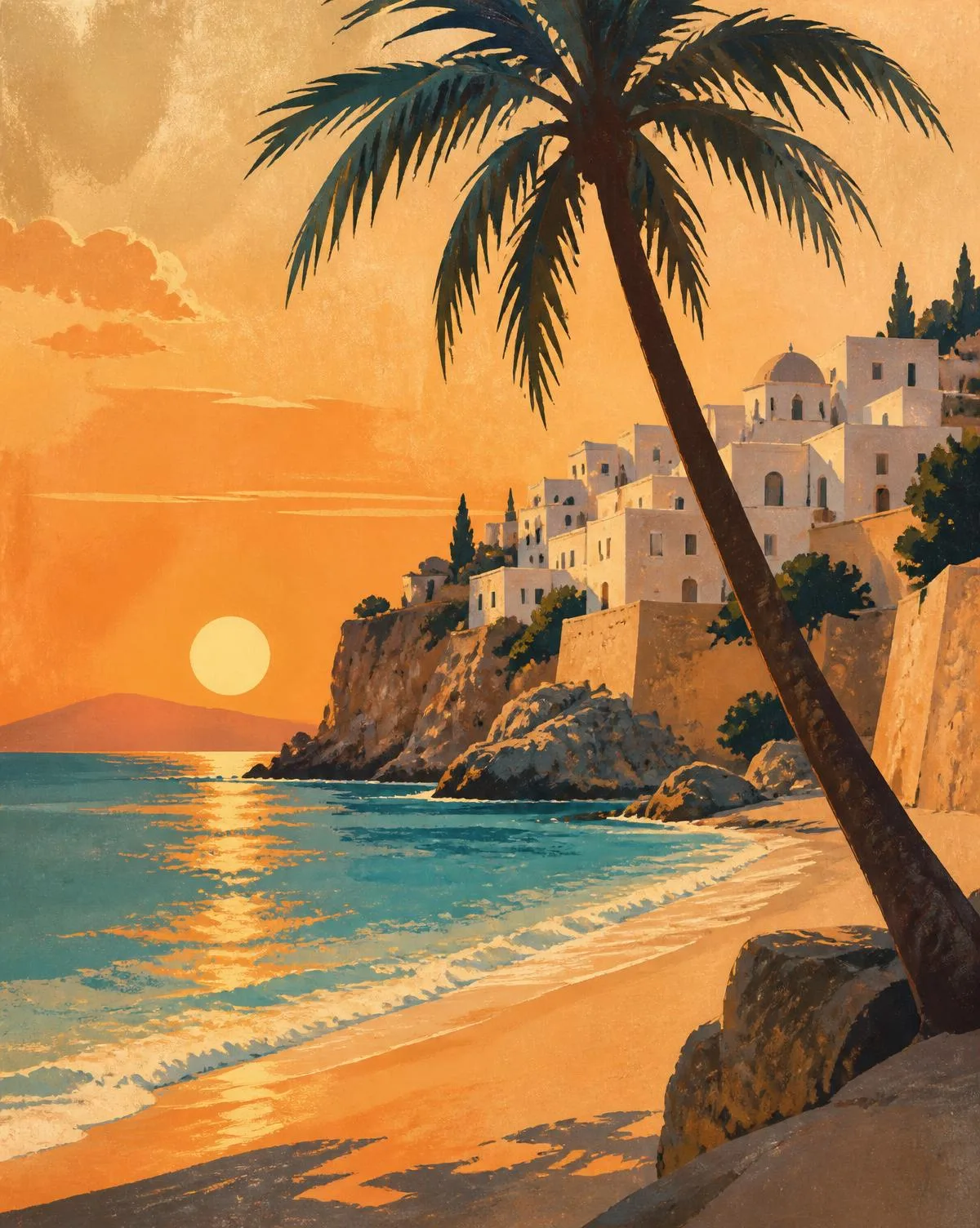Painted coastline with palm tree and whitewashed village
