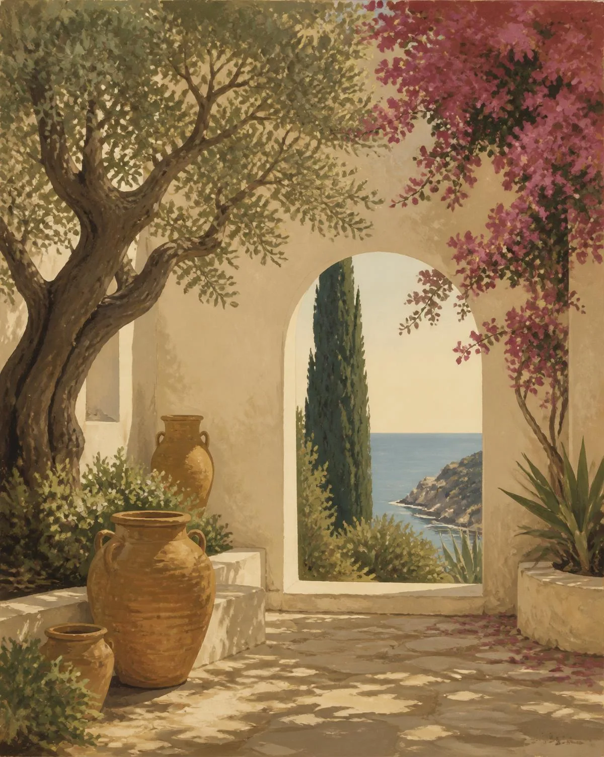 Painted garden courtyard with olive tree and sea view