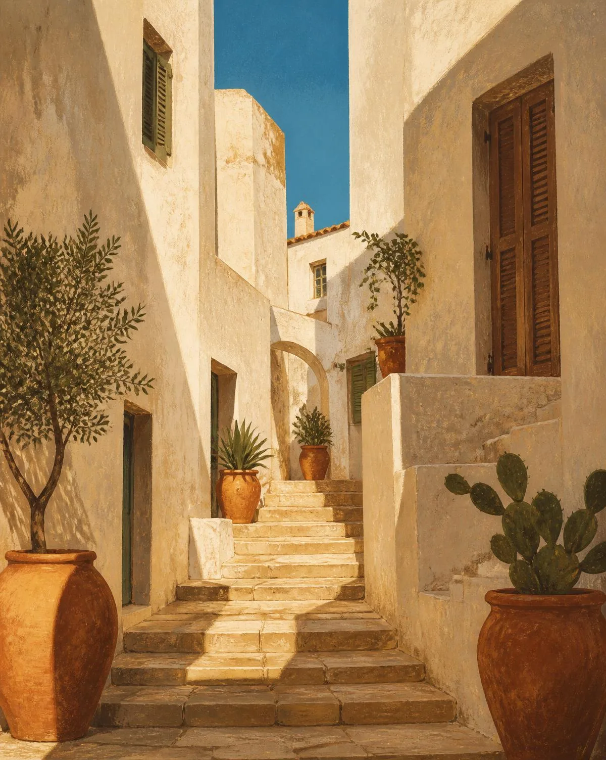 Painted whitewashed old-town stairway