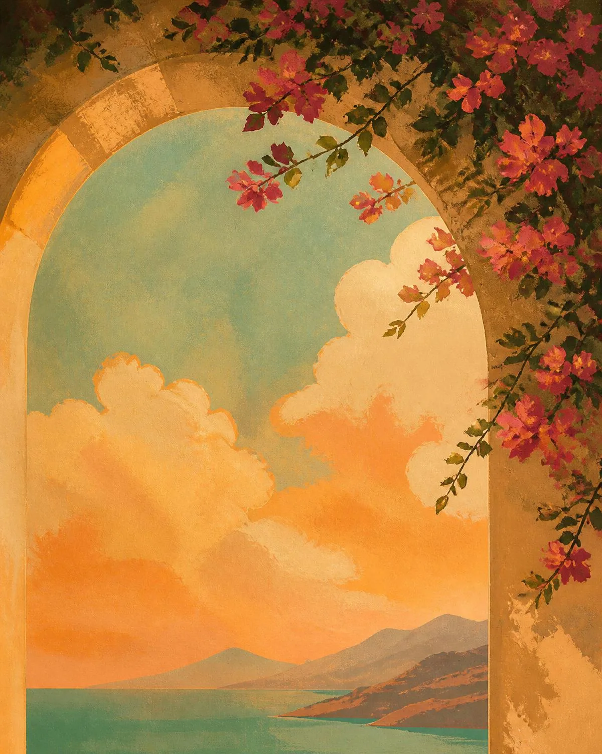 Painted Mediterranean sky framed by a flowering arch