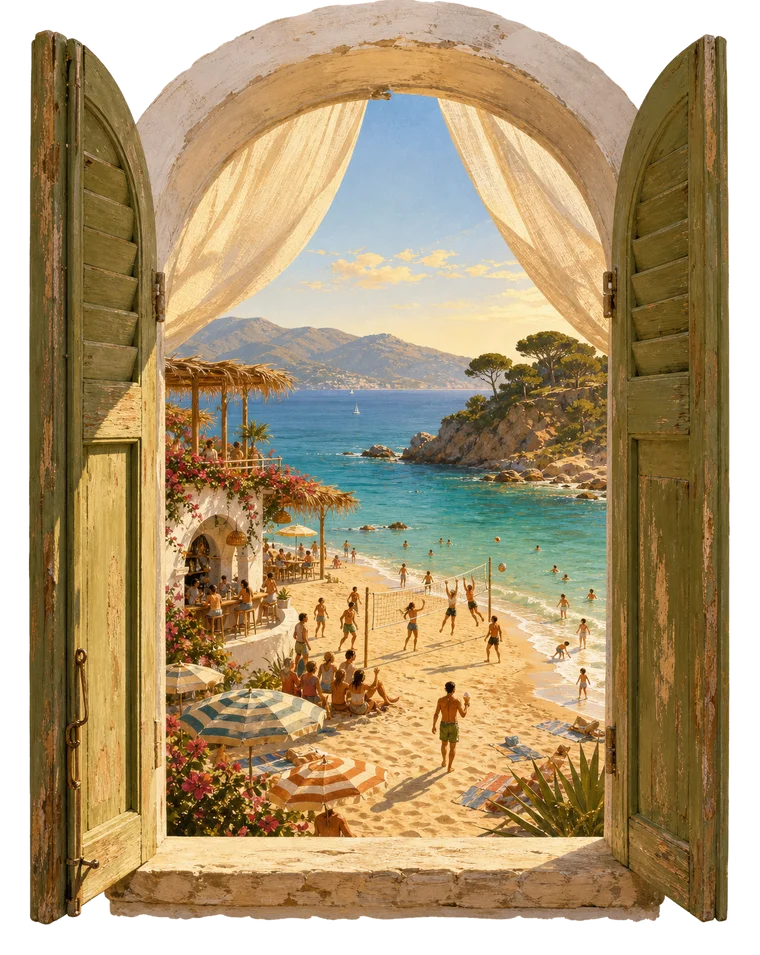 Painted open window onto a Mediterranean beach